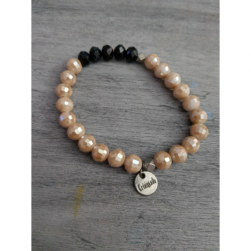 Erimish Beaded Stretch Bracelet Champagne Black Faceted Glass Charm Boho